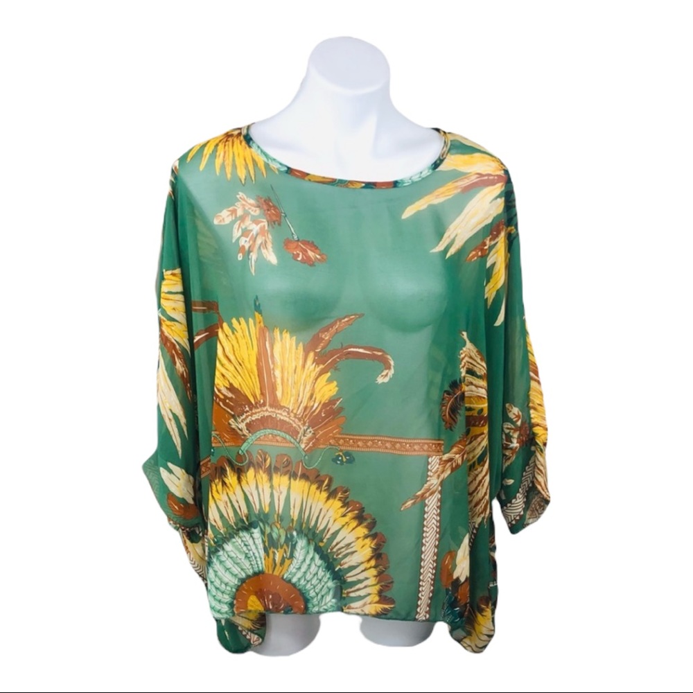 Women’s Sheer Green Printed Kimono Blouse - Large